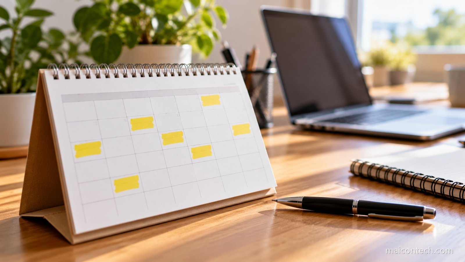 Calendário de secretária em cima de uma mesa de madeira com vários dias assinalados a marcador amarelo, ao lado de um portátil e de uma caneta