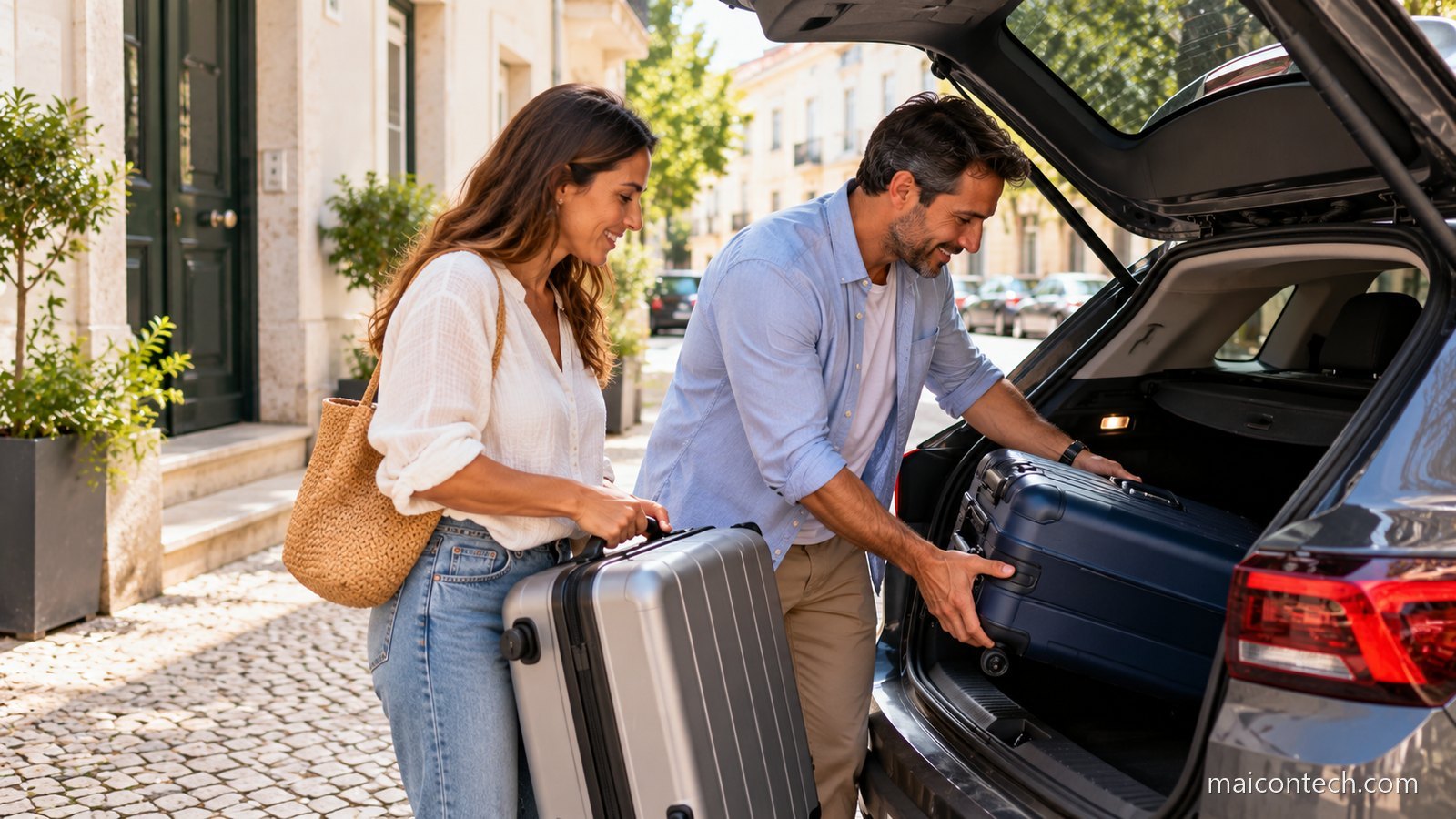 Casal a carregar duas malas de viagem para a mala de um carro numa rua calçada à portuguesa, num dia de sol