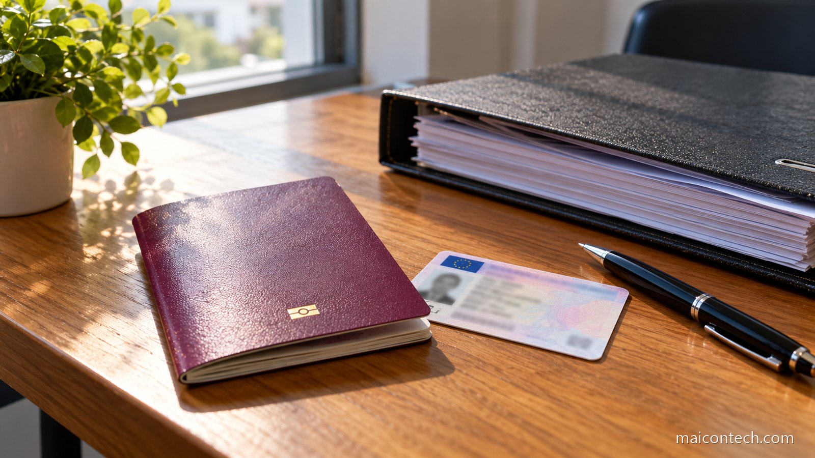 Mesa de madeira com um passaporte fechado, uma carta de conducao, uma pasta de documentos e uma caneta, iluminados pela luz da manha de uma janela