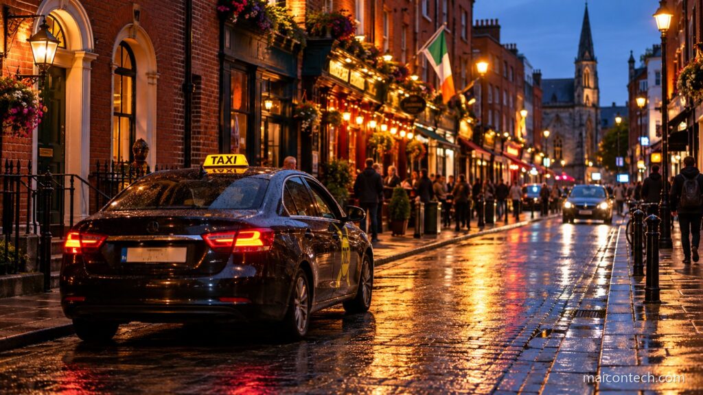 Rua de Dublin ao anoitecer com fachadas de tijolo vermelho e pubs iluminados, um taxi com distico no tejadilho parado junto ao passeio e o chao molhado a refletir as luzes