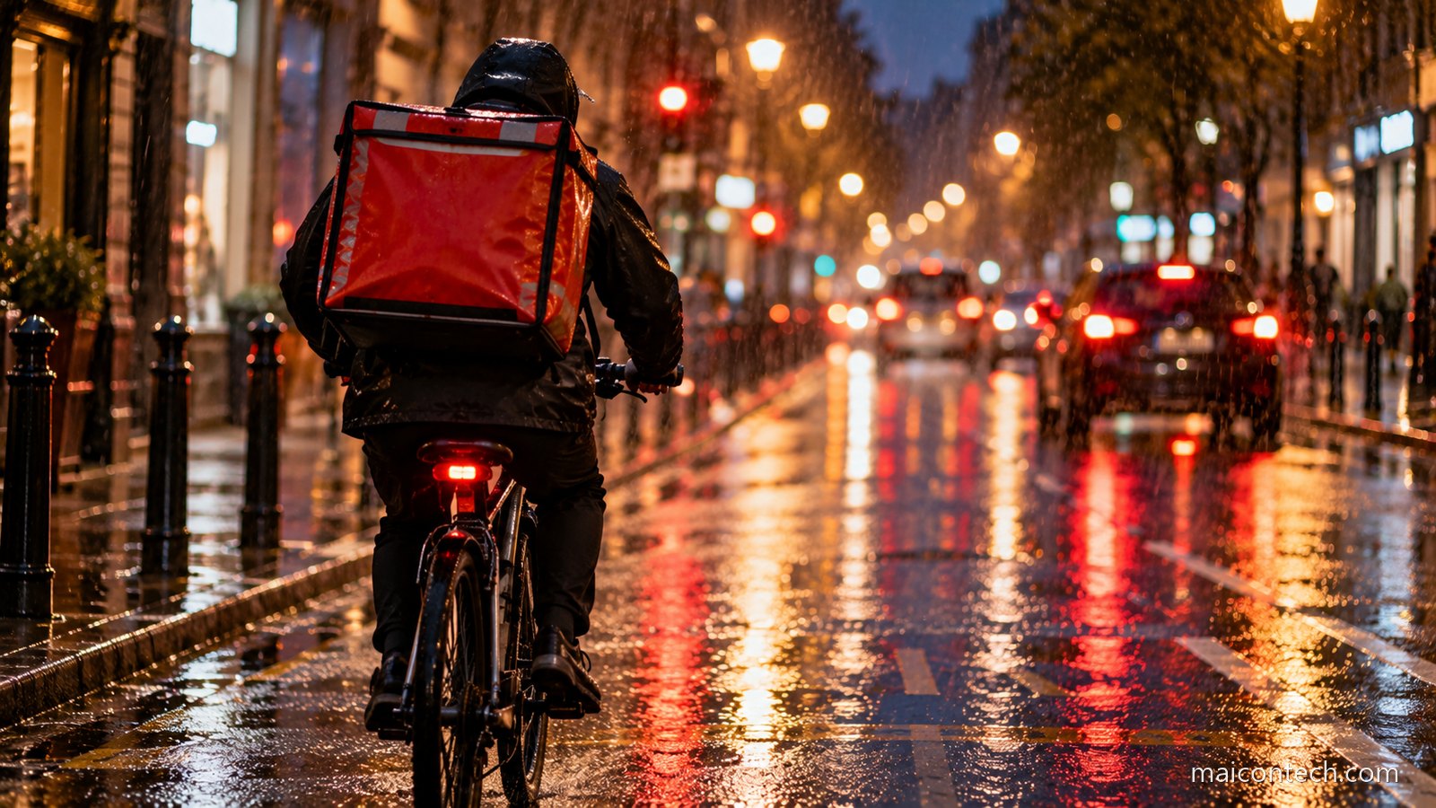 Estafeta de costas com mochila termica quadrada as costas, de bicicleta numa rua europeia a chuva, com as luzes da cidade desfocadas ao fundo