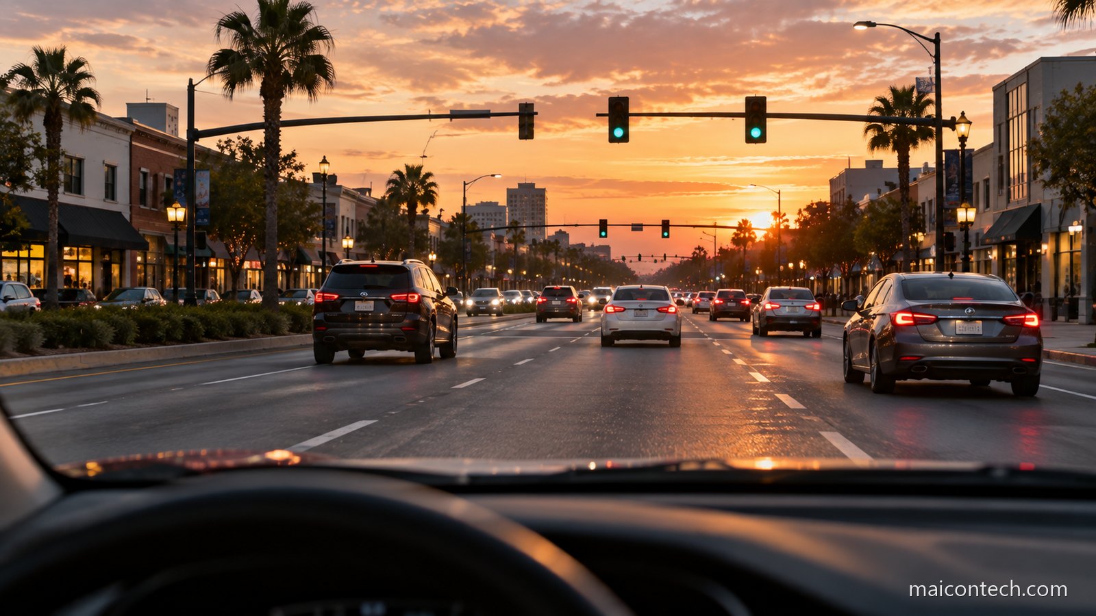 Avenida larga de uma cidade norte-americana ao fim da tarde vista do interior de um carro, com semaforos suspensos e predios baixos dos dois lados