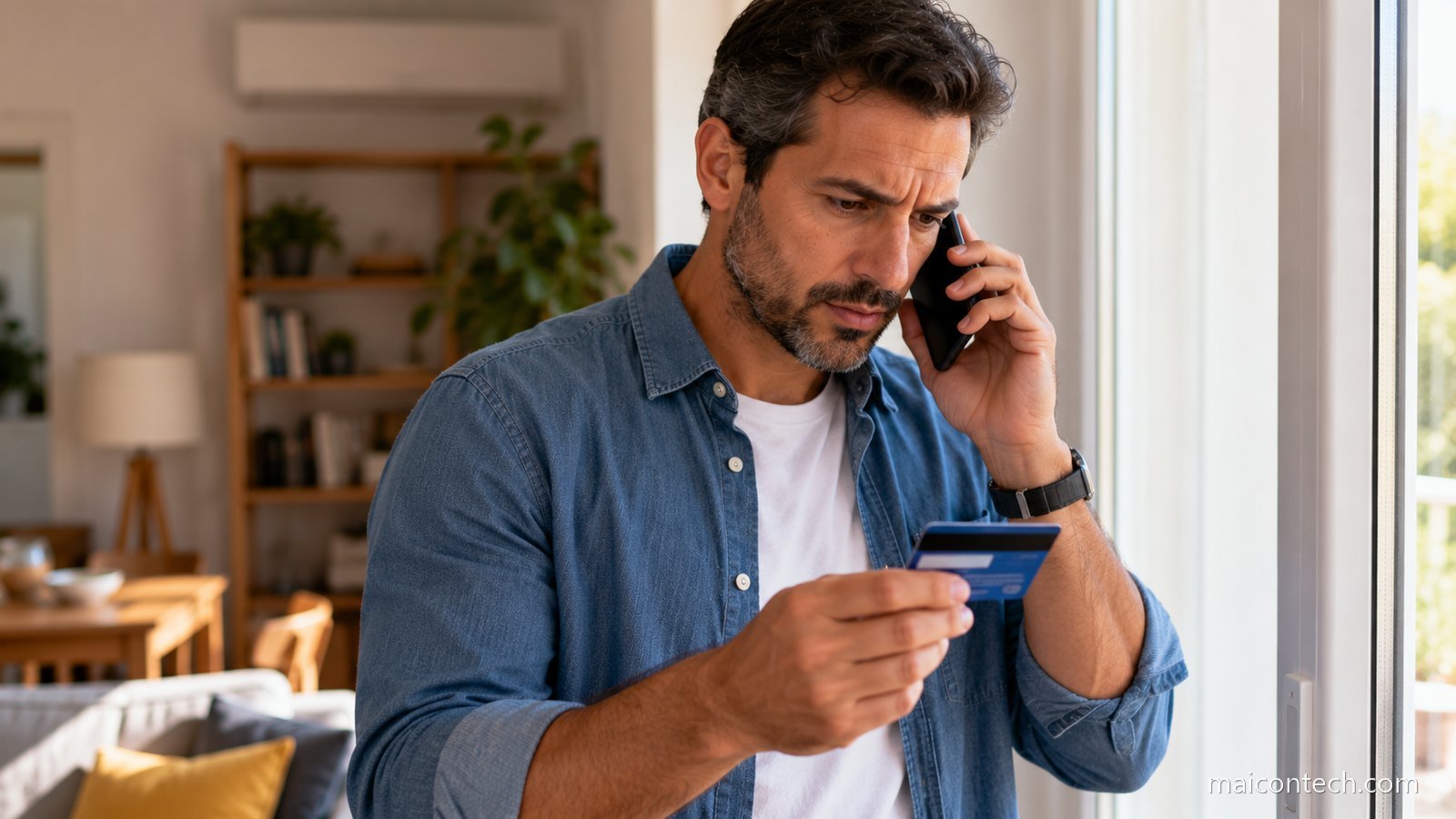 Homem junto à janela com o telemóvel encostado ao ouvido e um cartão bancário na outra mão, com expressão séria