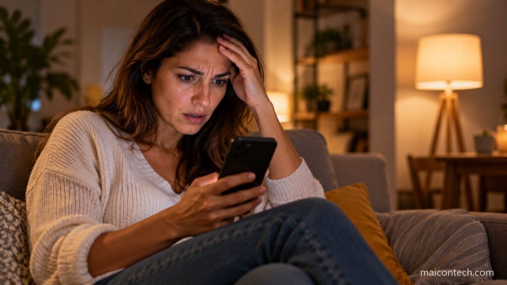 Mulher sentada no sofá à noite a olhar para o telemóvel com expressão de choque e uma mão na testa