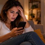 Mulher sentada no sofá à noite a olhar para o telemóvel com expressão de choque e uma mão na testa
