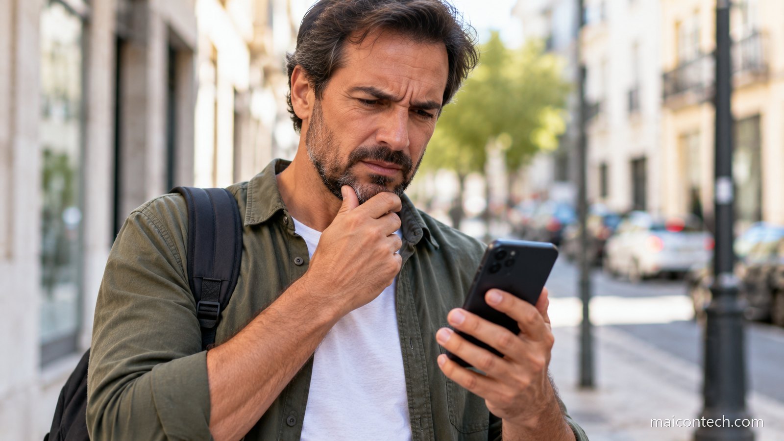 Homem na rua a ler uma mensagem no telemóvel com expressão de dúvida e sobrancelha franzida