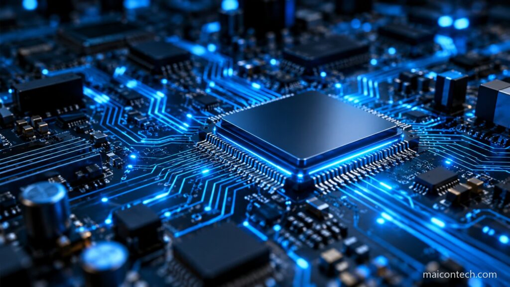 Placa de circuitos com processador central e trilhas luminosas azuis