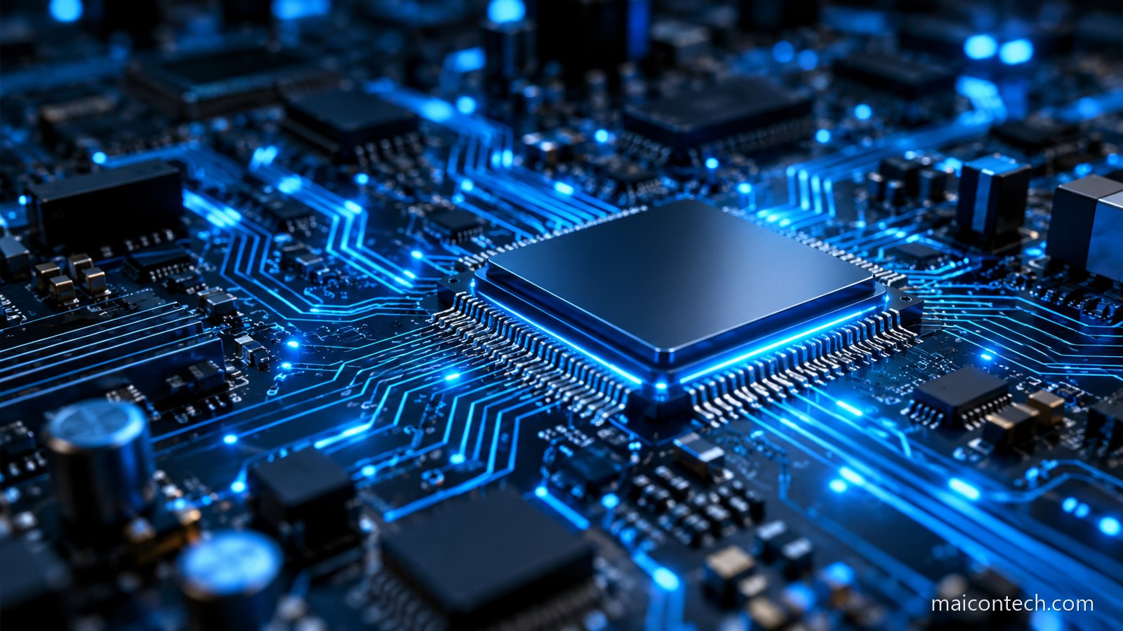 Placa de circuitos com processador central e trilhas luminosas azuis