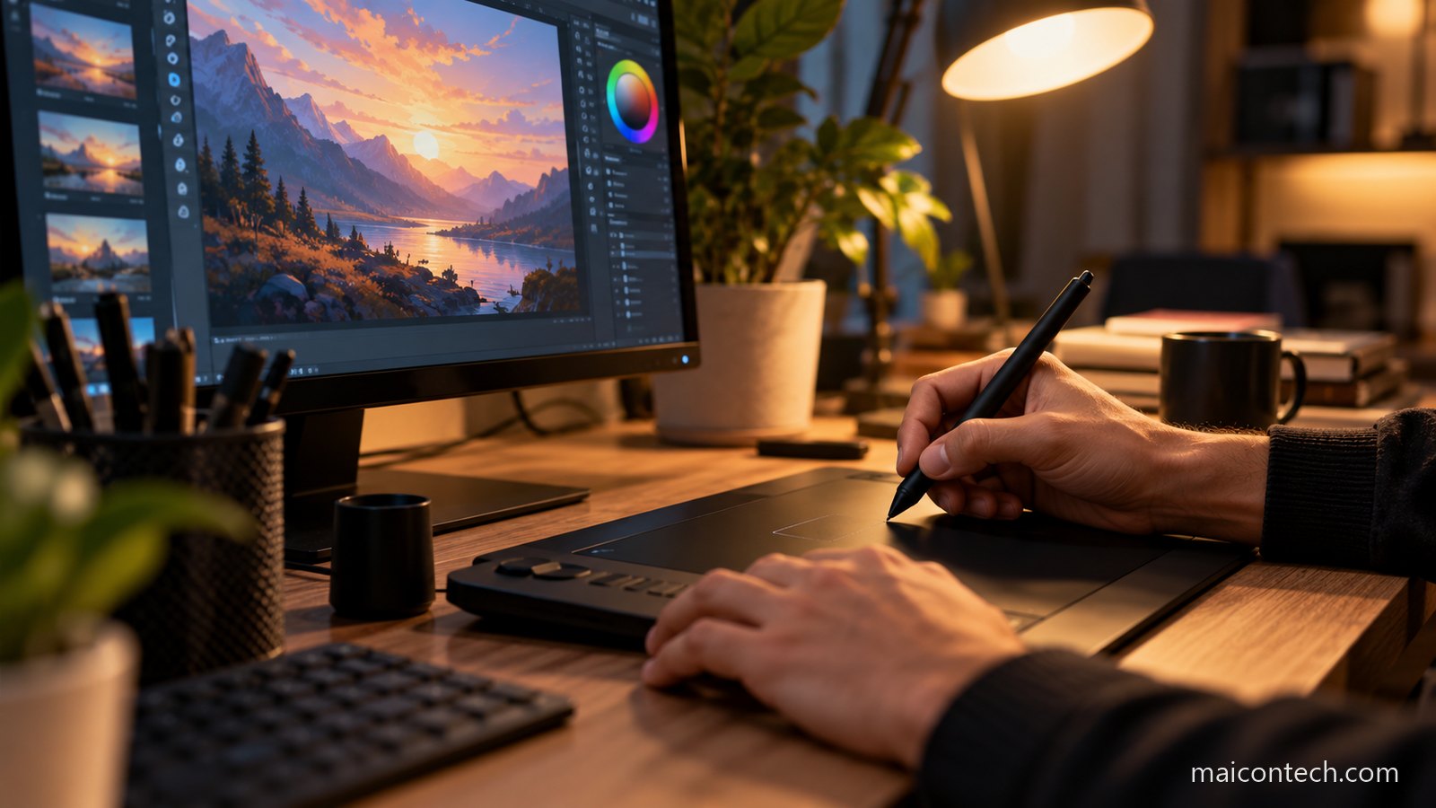 Mãos a desenhar numa mesa digitalizadora ao lado de um monitor com uma paisagem