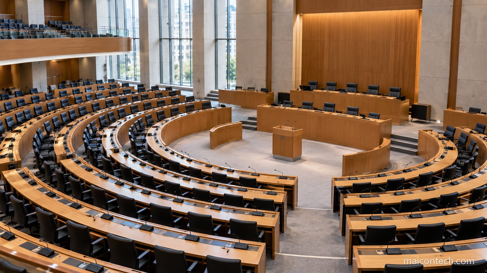 Plenário legislativo moderno e vazio, com cadeiras dispostas em semicírculo