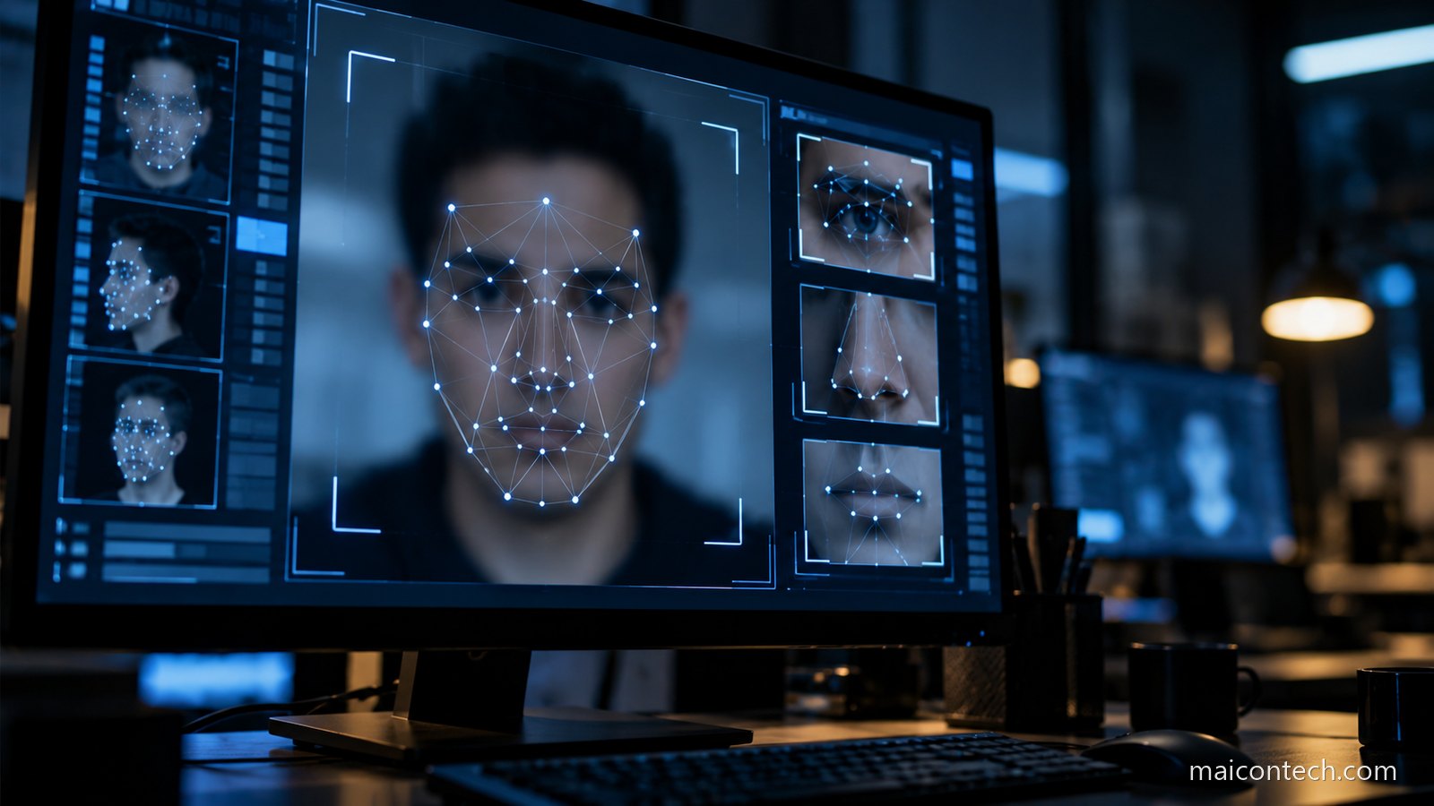Ecrã de computador com interface de reconhecimento facial e pontos de análise sobre um rosto