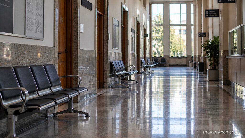 Corredor de edificio publico com filas de cadeiras de espera vazias, chao polido e luz a entrar por janelas altas ao fundo
