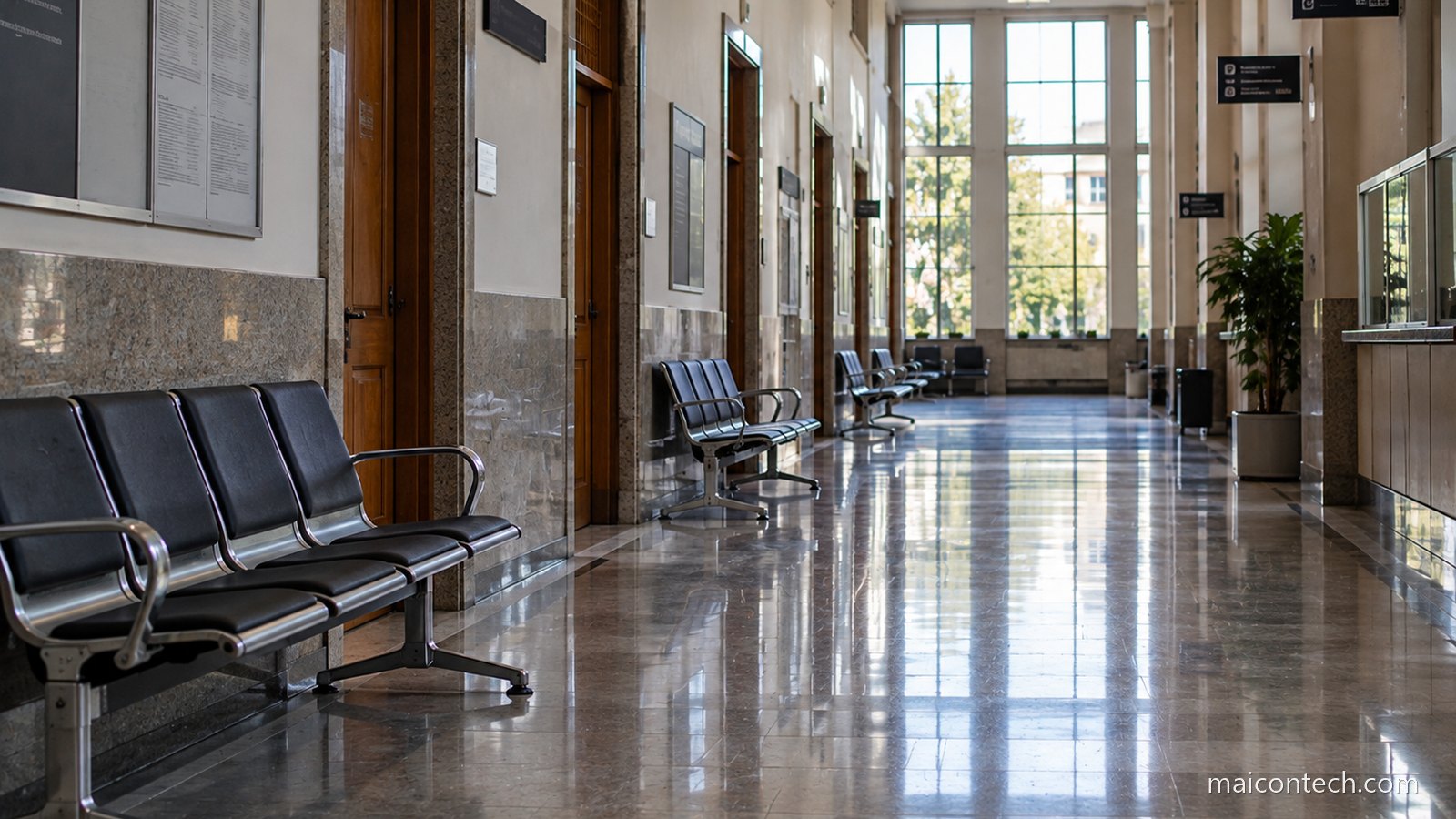Corredor de edificio publico com filas de cadeiras de espera vazias, chao polido e luz a entrar por janelas altas ao fundo
