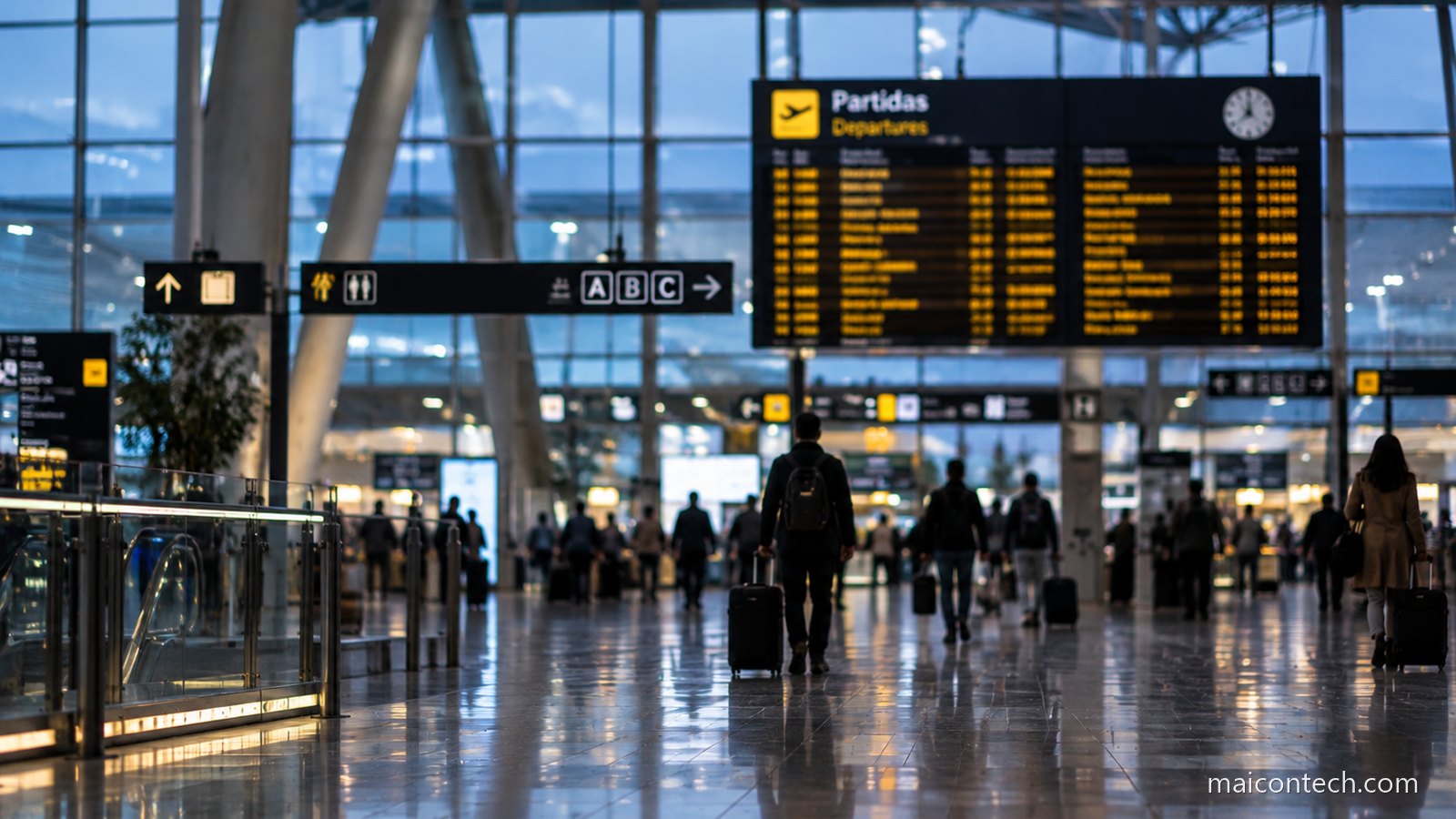 Zona de partidas de um aeroporto ao fim do dia, com o painel de informacao iluminado e passageiros desfocados a caminhar com malas