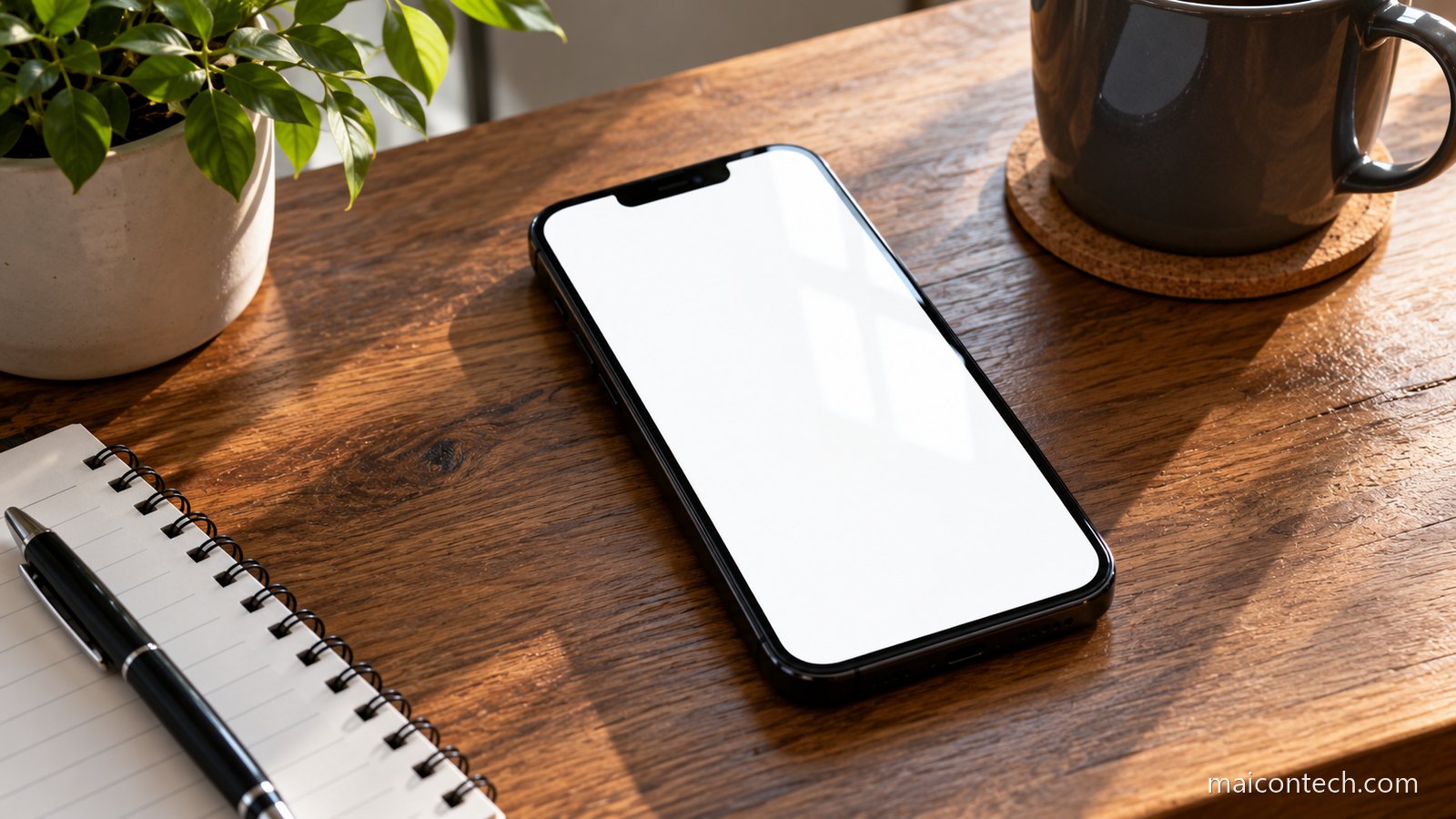 Telemovel preto pousado numa mesa de madeira com o ecra aceso e completamente branco, com o reflexo de uma janela no vidro