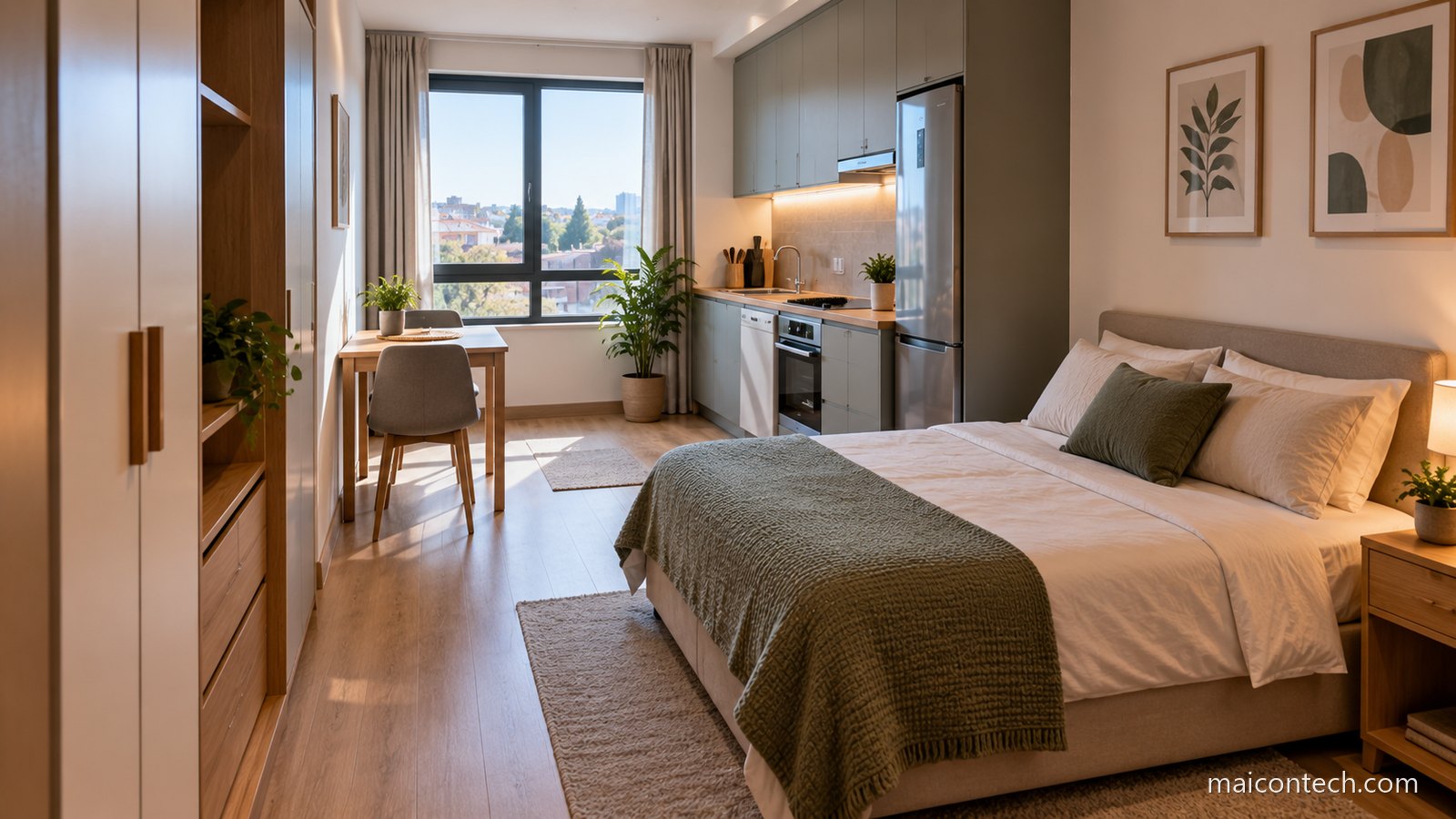 Interior de um estudio pequeno e arrumado, com cama, kitchenette ao fundo e janela com luz natural