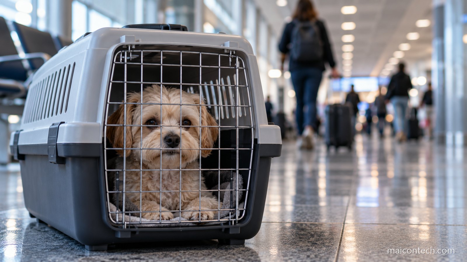 Cão pequeno de pelo claro dentro de uma caixa de transporte rígida no chão de um terminal de aeroporto