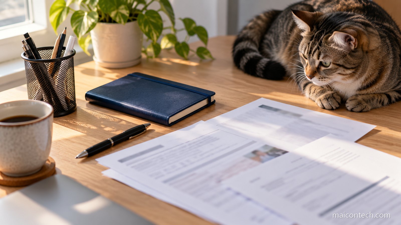 Gato malhado deitado na borda de uma mesa de madeira ao lado de documentos impressos e um caderno de capa azul