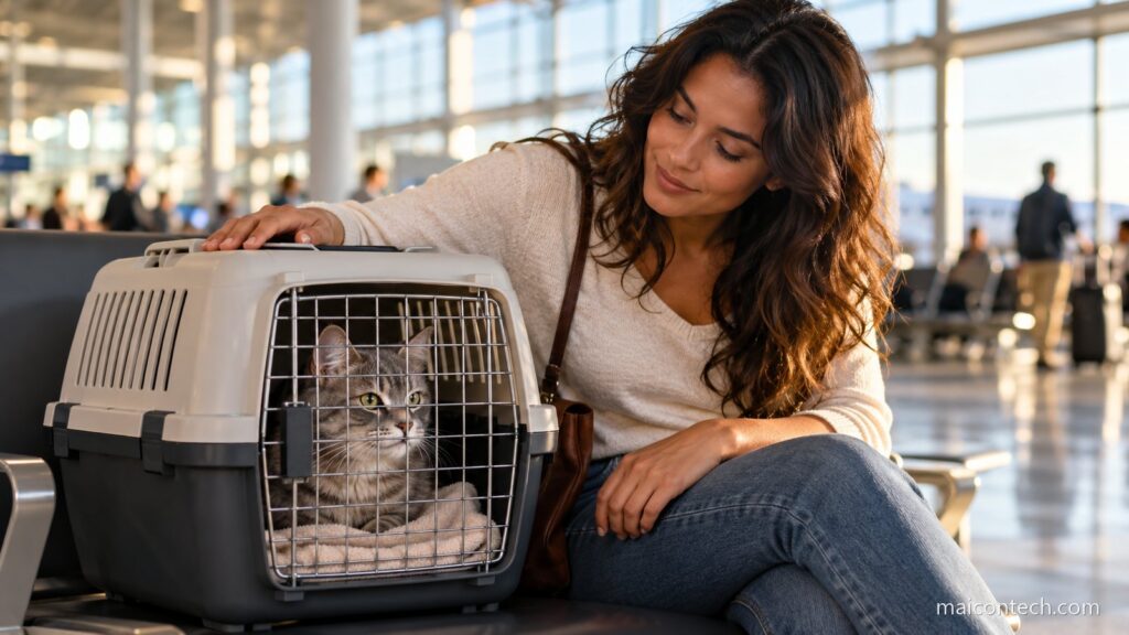 Mulher num banco de aeroporto com uma caixa de transporte ao lado e um gato cinzento a olhar pela grade