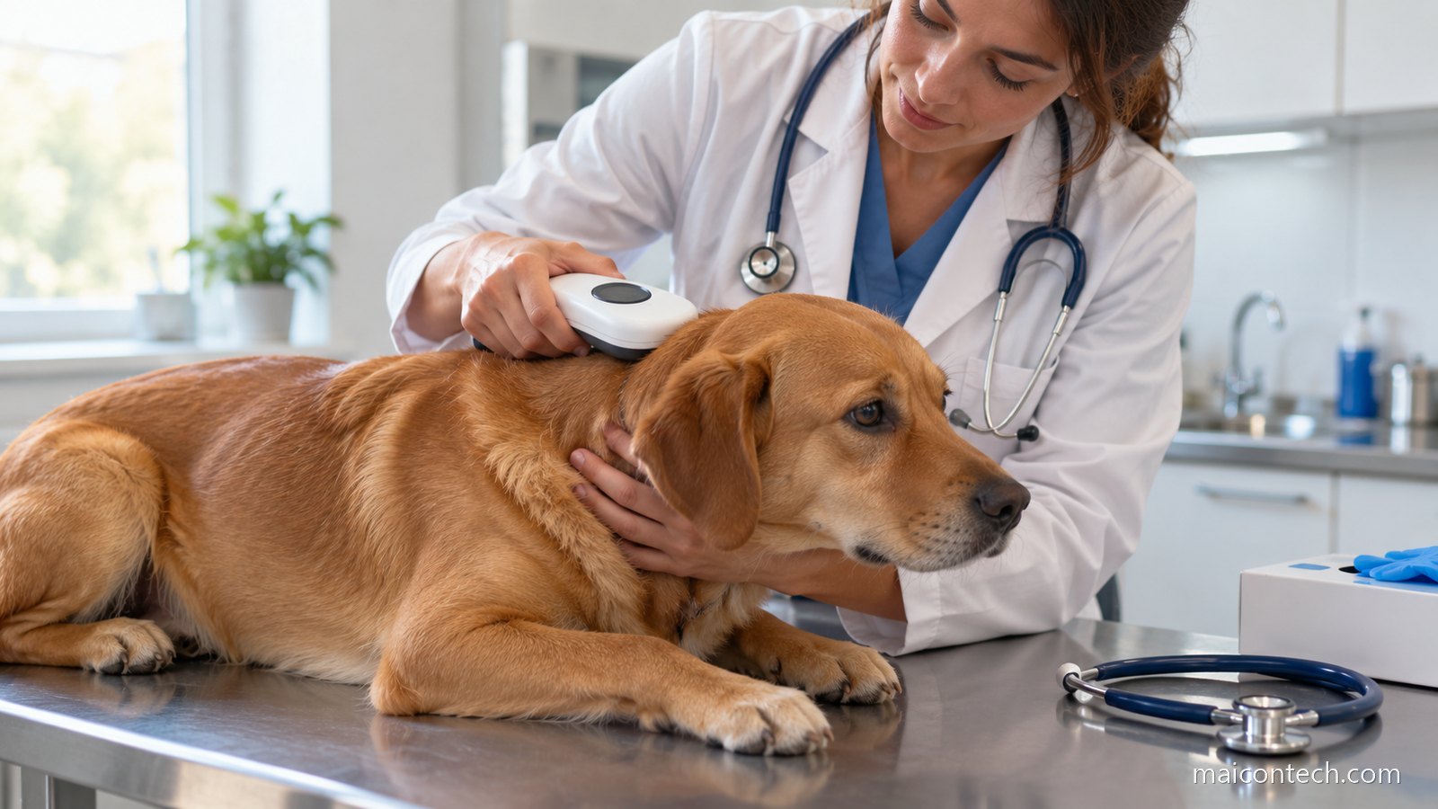 Veterinária de bata branca a passar um leitor de microchip sobre a nuca de um cão numa mesa de observação