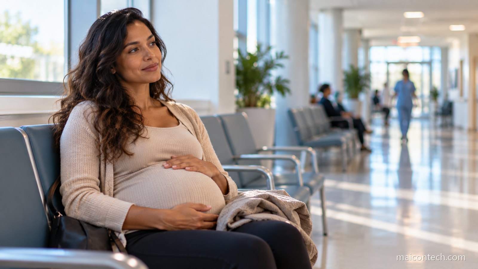 Mulher grávida sentada numa sala de espera de hospital com a mão pousada na barriga