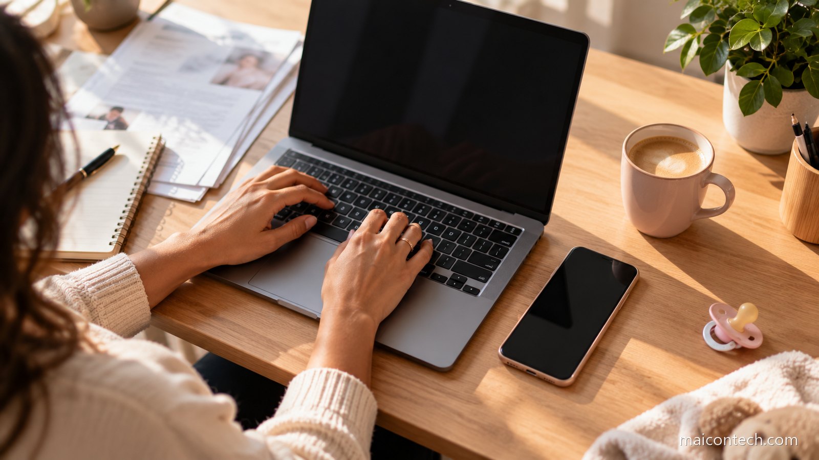Mesa com computador portátil, telemóvel, papéis e uma chupeta de bebé ao lado