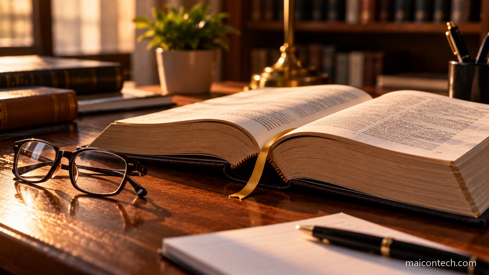 Livro de leis aberto sobre uma secretaria de madeira, com marcador de pagina e oculos ao lado