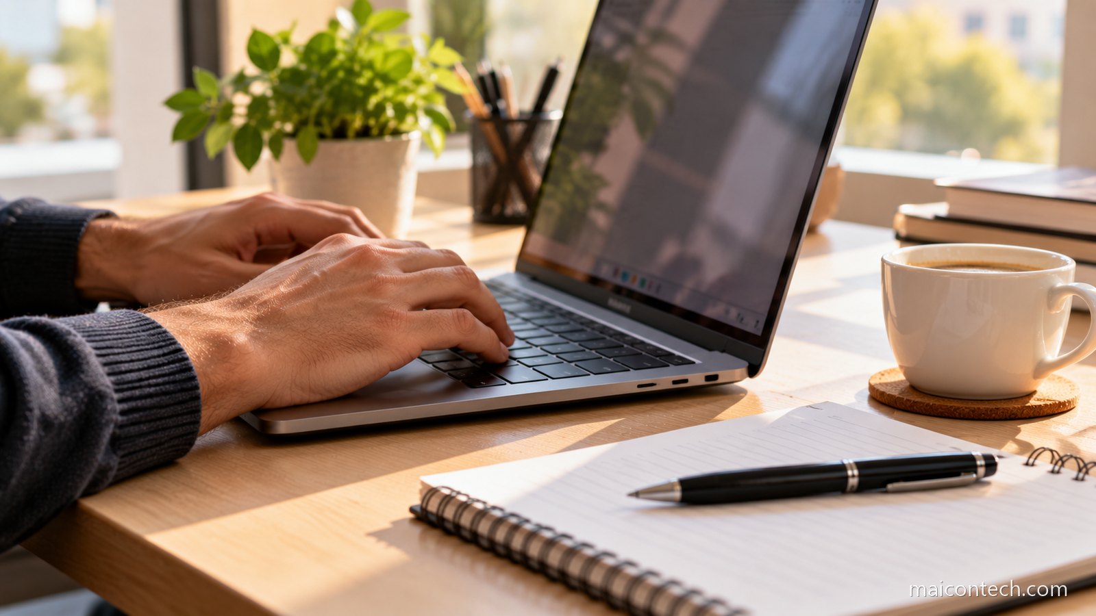 Maos a escrever num teclado de computador portatil, com bloco de notas e chavena de cafe ao lado