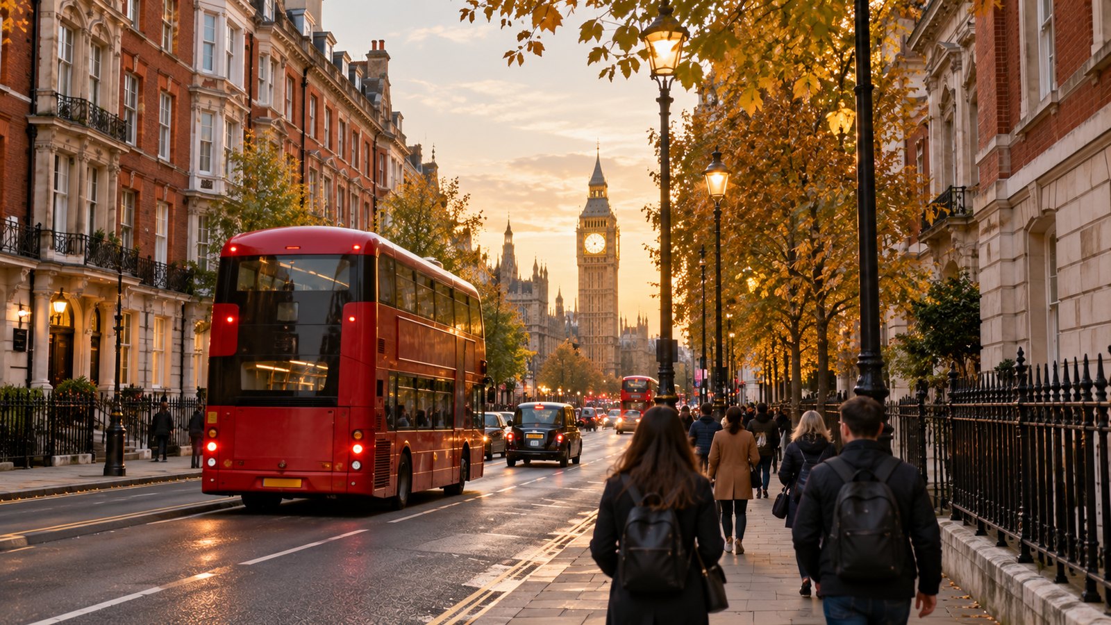 Rua de Londres ao fim da tarde com um autocarro vermelho de dois andares e fachadas de tijolo