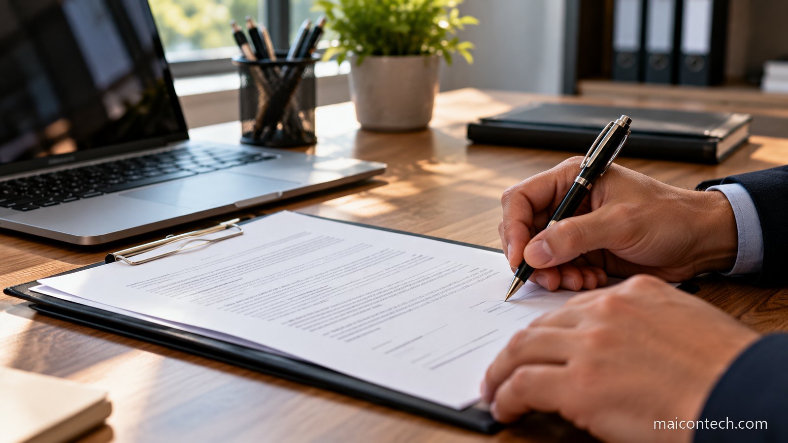 Maos a assinar um contrato de trabalho sobre uma secretaria, com computador portatil ao lado