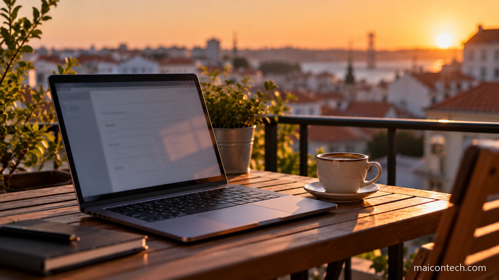 Computador portatil aberto numa mesa de varanda com telhados de cidade ao fundo, ao fim da tarde