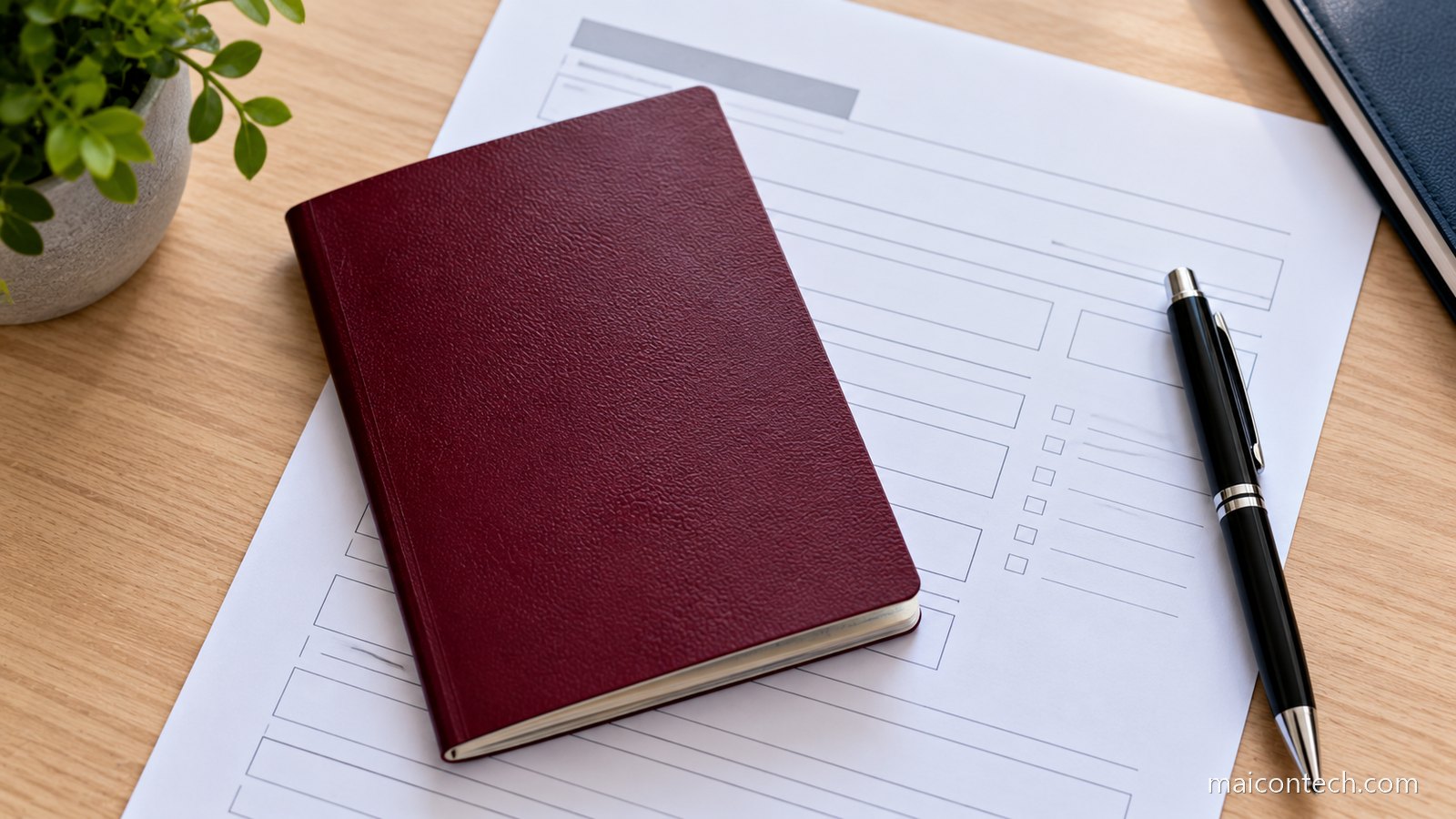 Passaporte fechado pousado sobre um formulario em branco, numa mesa de madeira clara