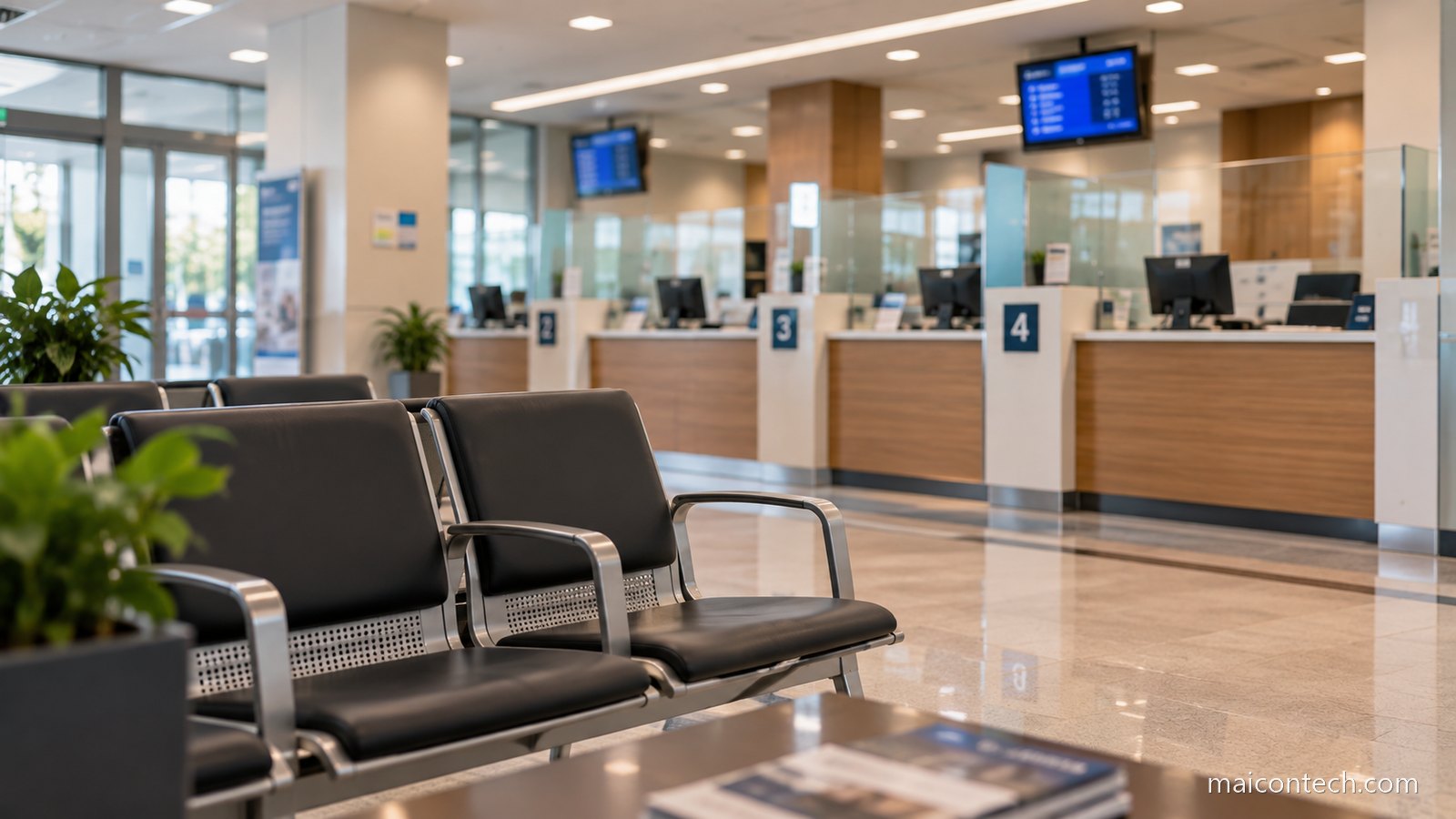 Interior de uma agencia bancaria com balcoes de atendimento desfocados ao fundo e cadeiras de espera vazias em primeiro plano