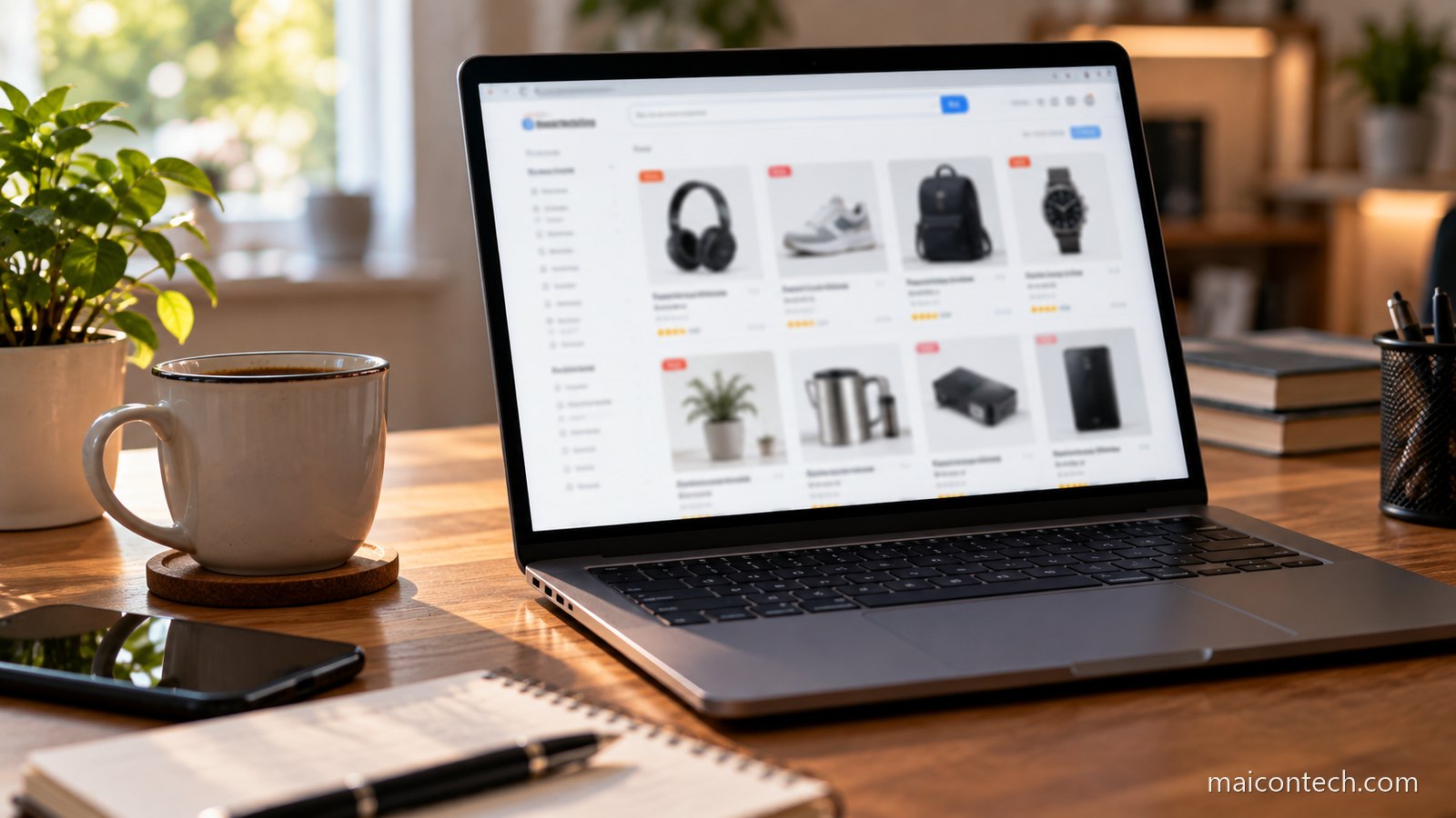 Ecra de computador portatil a mostrar uma pagina de loja online com uma grelha de produtos desfocada, numa secretaria com uma chavena ao lado