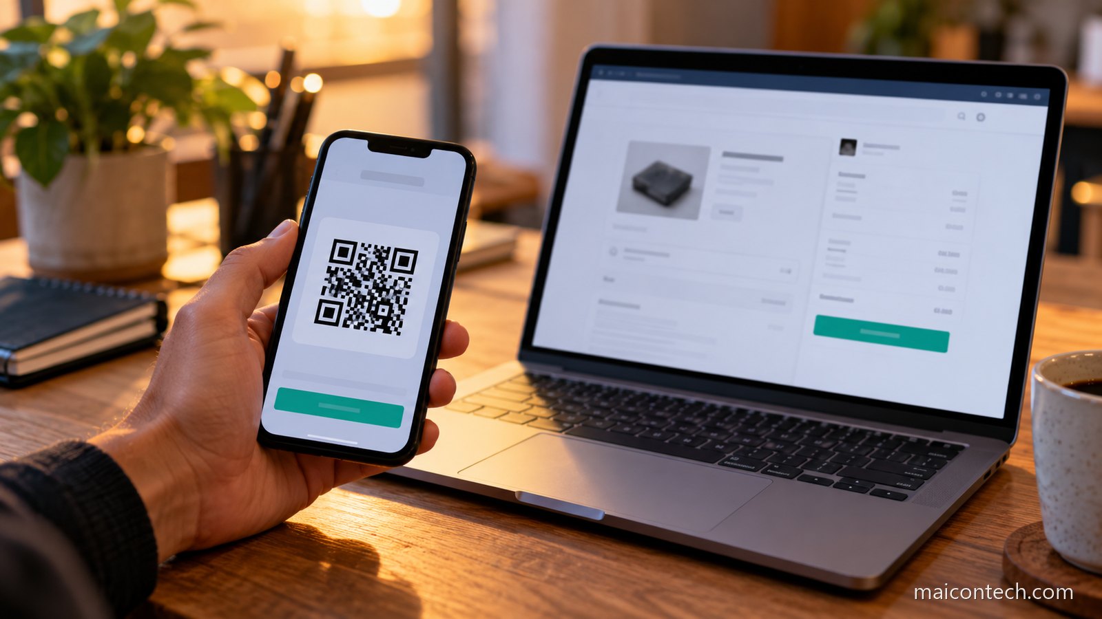 Mão a segurar telemóvel com ecrã de pagamento por código QR ao lado de portátil numa página de compra