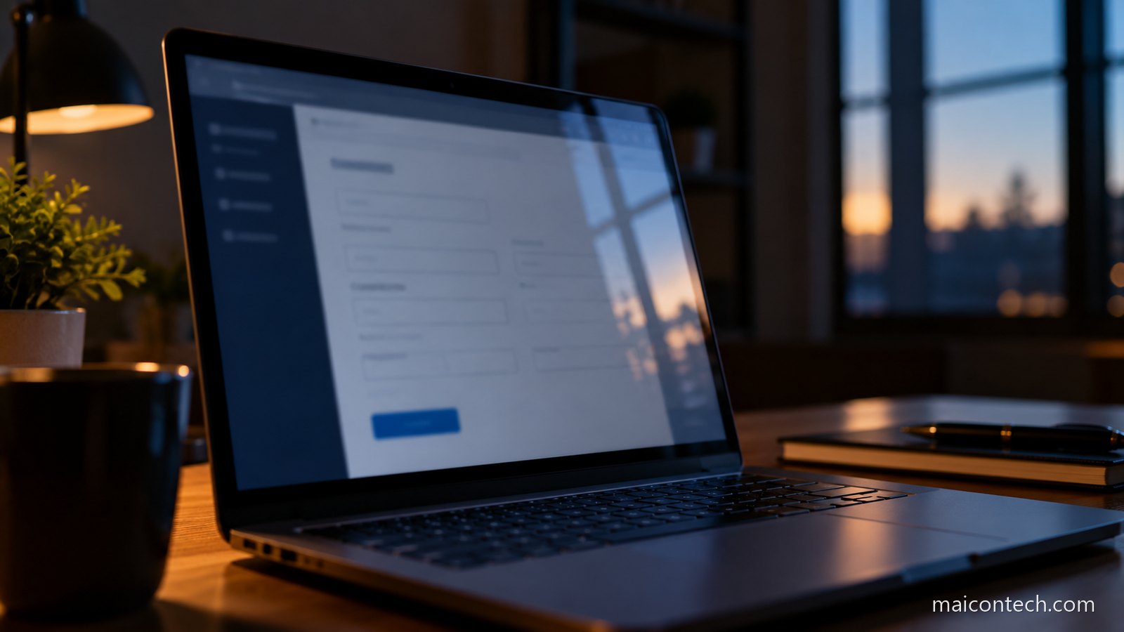 Ecra de computador portatil a mostrar uma pagina de formulario, em ambiente escuro ao anoitecer
