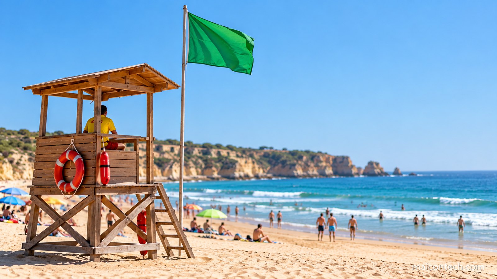 Posto de nadador-salvador de madeira numa praia com uma bandeira verde lisa hasteada no mastro ao lado