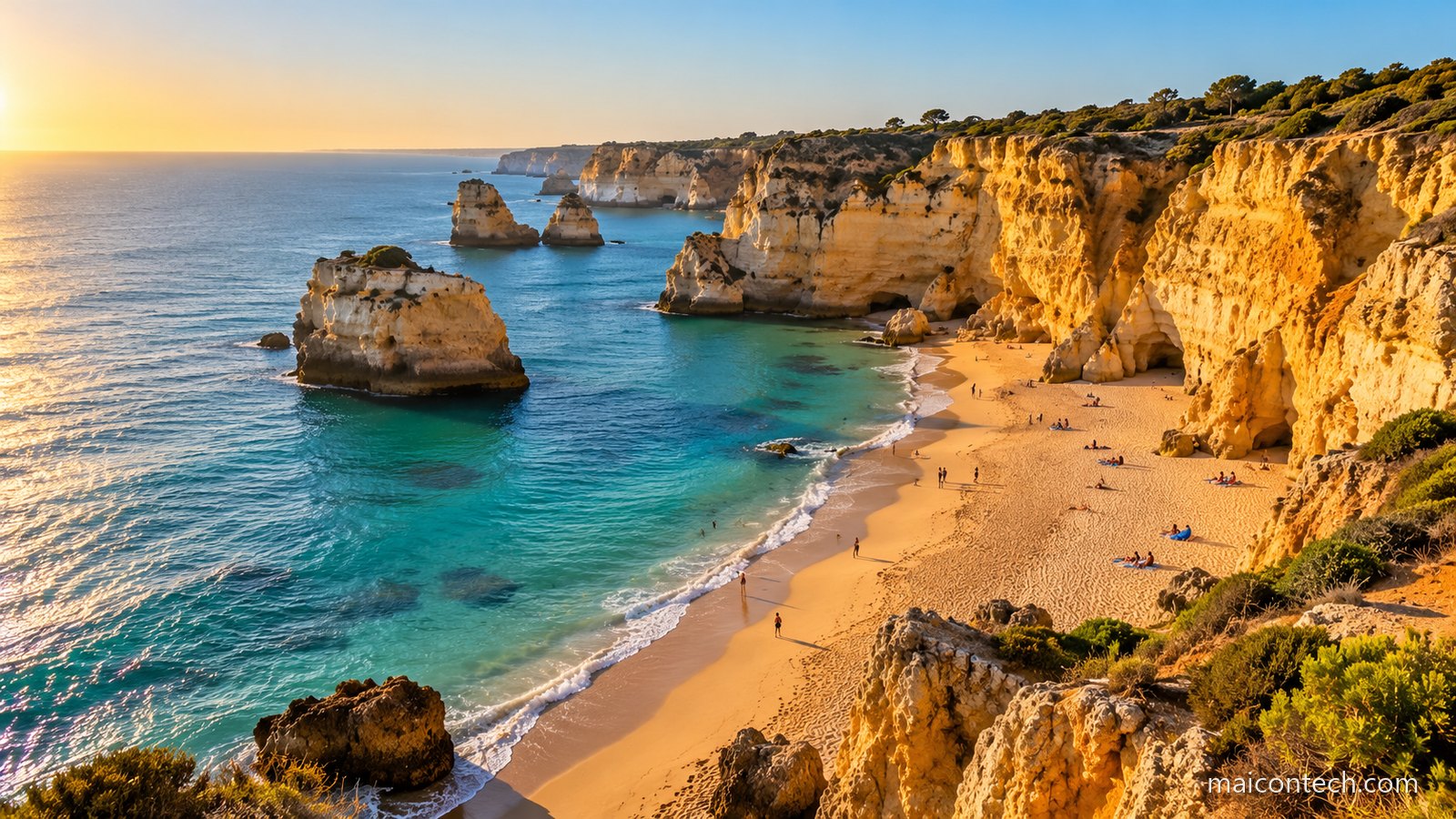 Praia de areia dourada entre falésias altas de rocha cor de mel, com mar azul-turquesa e pessoas ao longe na areia ao fim da tarde