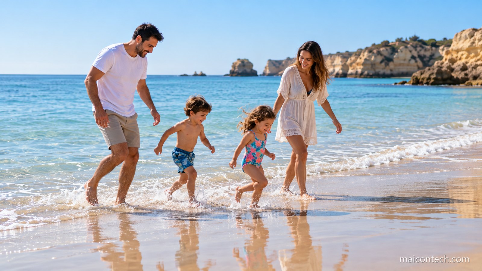 Família com dois adultos e duas crianças pequenas a brincar na beira de água de uma praia de mar calmo e raso num dia de sol