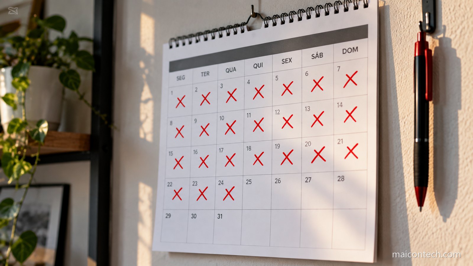 Calendario de parede com cruzes marcadas a caneta em dias seguidos, pendurado numa parede clara com uma caneta ao lado