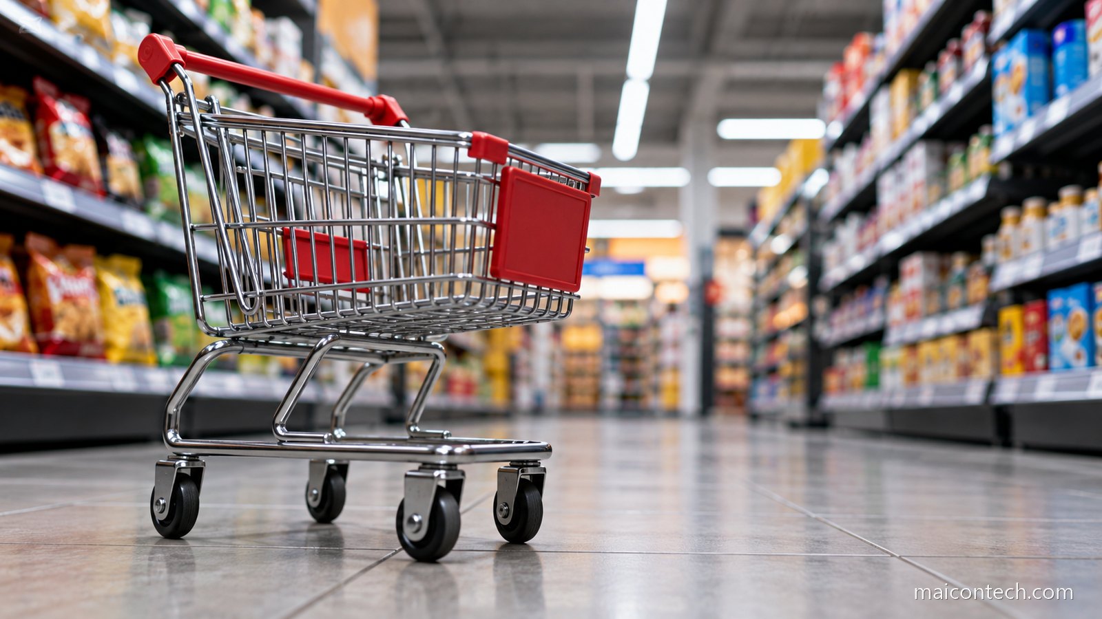 Carrinho de compras pequeno e vazio num corredor de supermercado desfocado, visto de baixo, sob luz fluorescente e sem pessoas