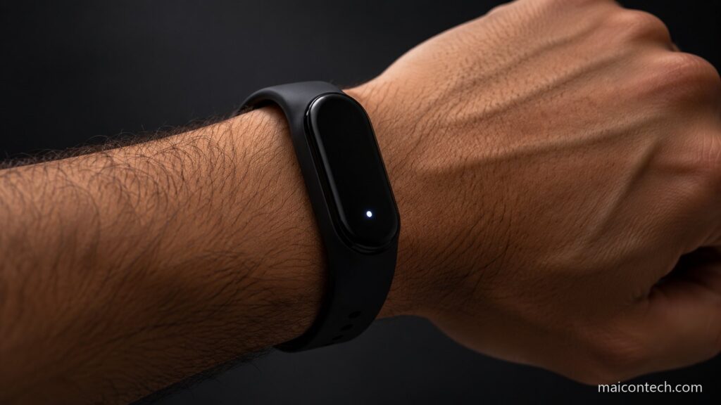 Pulseira preta de silicone com um pequeno ponto de luz aceso, num pulso, em grande plano sobre fundo escuro neutro e sem marcas visiveis