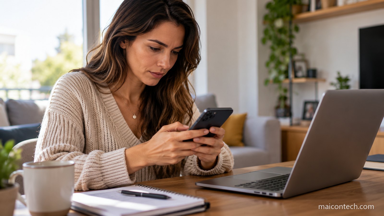 Mulher sentada a uma mesa a escrever no telemóvel com um computador portátil aberto ao lado