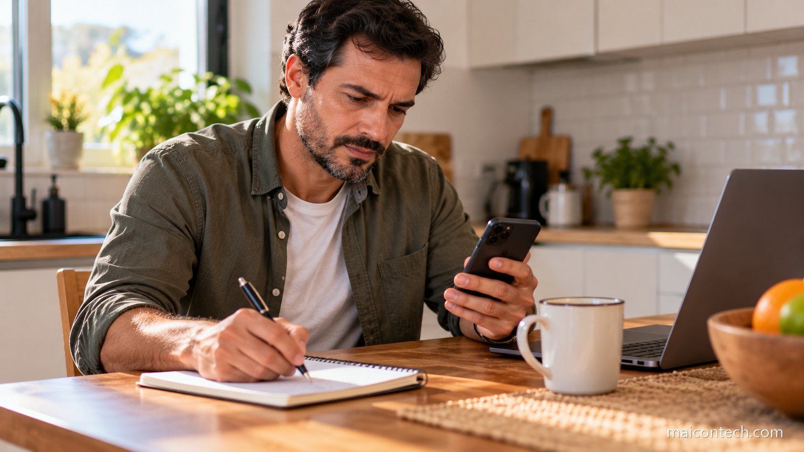 Homem sentado à mesa da cozinha com o telemóvel numa mão e a escrever num caderno com a outra