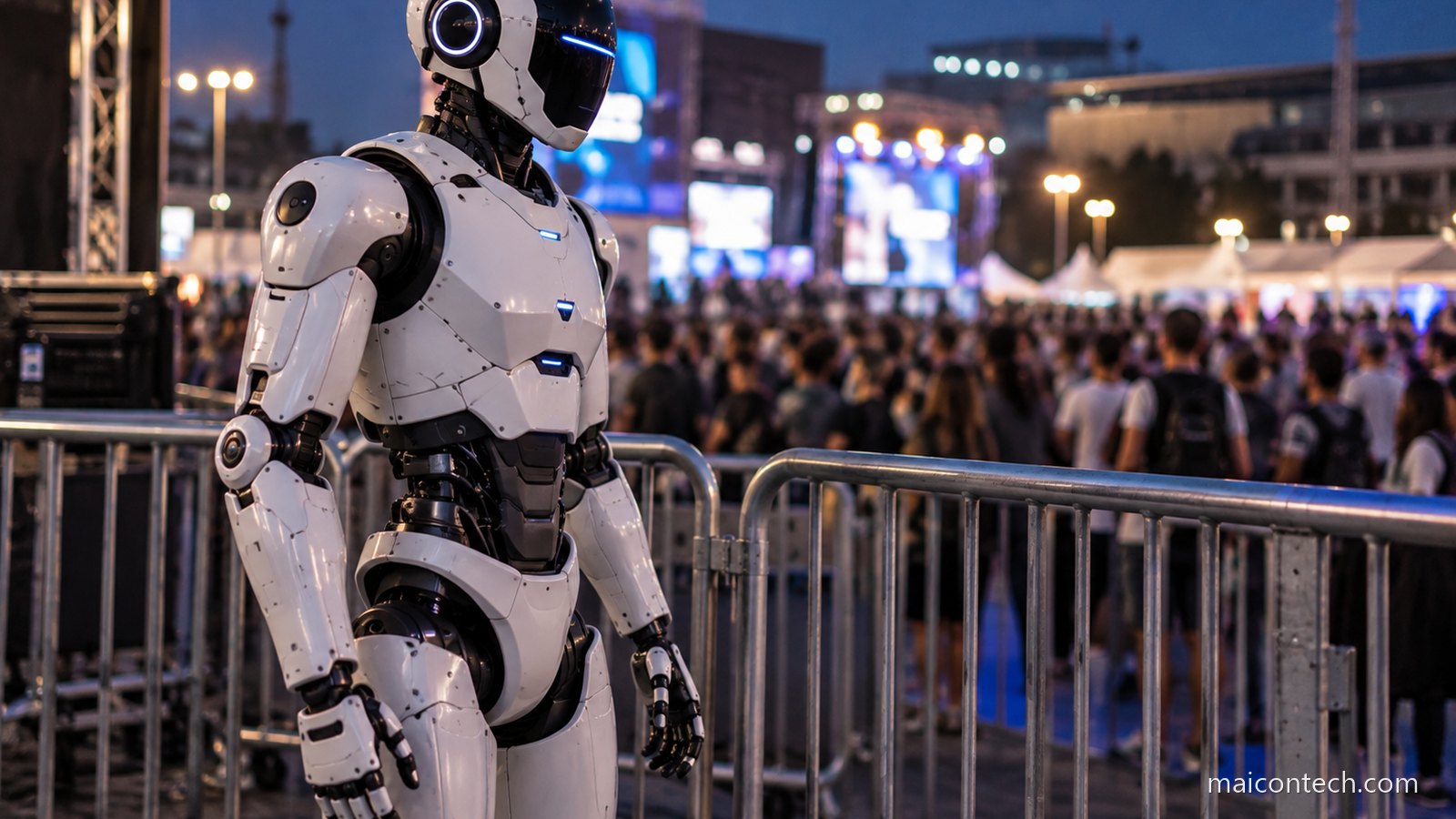Robo humanoide junto a uma grade de seguranca num recinto de evento ao ar livre, com a multidao desfocada ao fundo ao anoitecer