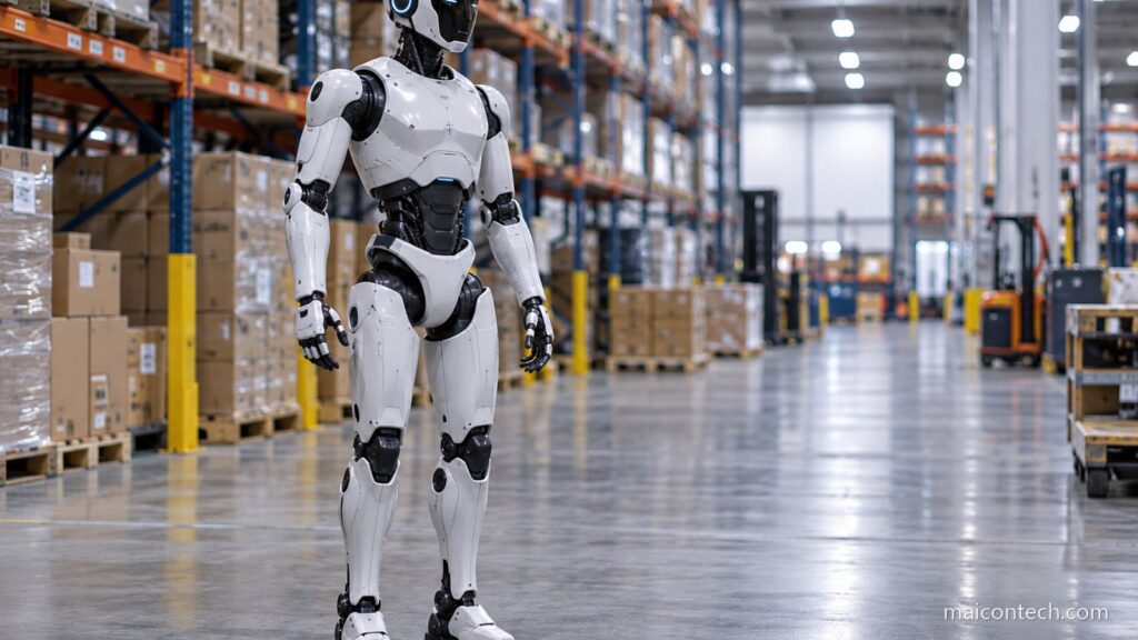 Robo humanoide branco e cinzento de pe num armazem industrial, com prateleiras altas desfocadas ao fundo e luz fria