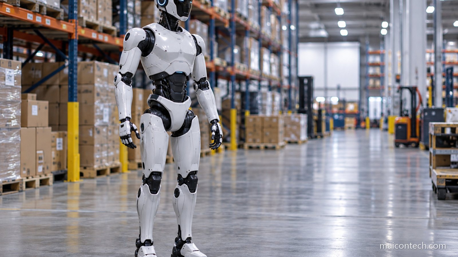 Robo humanoide branco e cinzento de pe num armazem industrial, com prateleiras altas desfocadas ao fundo e luz fria