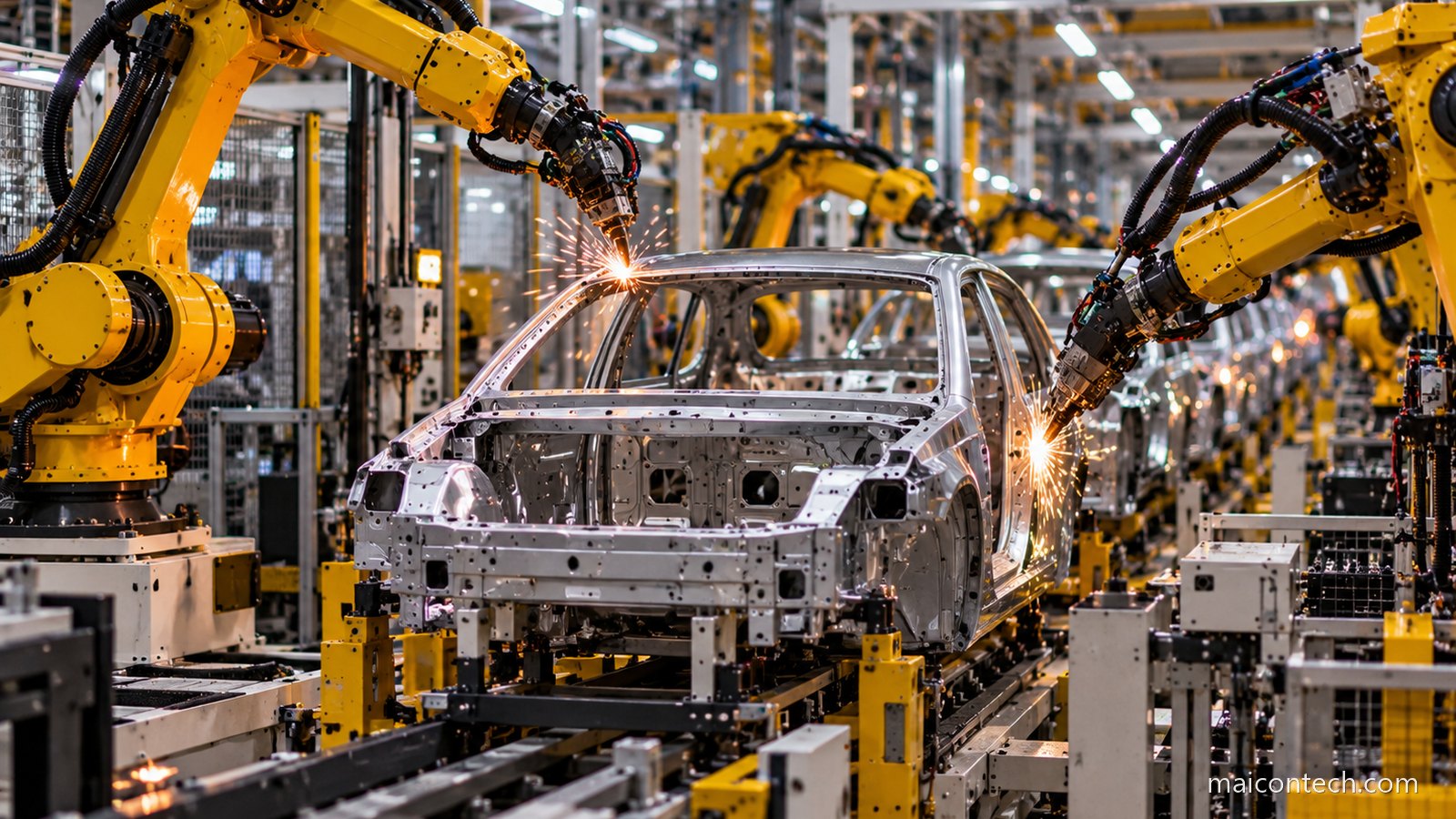 Linha de montagem automovel com bracos roboticos amarelos a soldar a carrocaria de um carro, com faiscas e iluminacao industrial