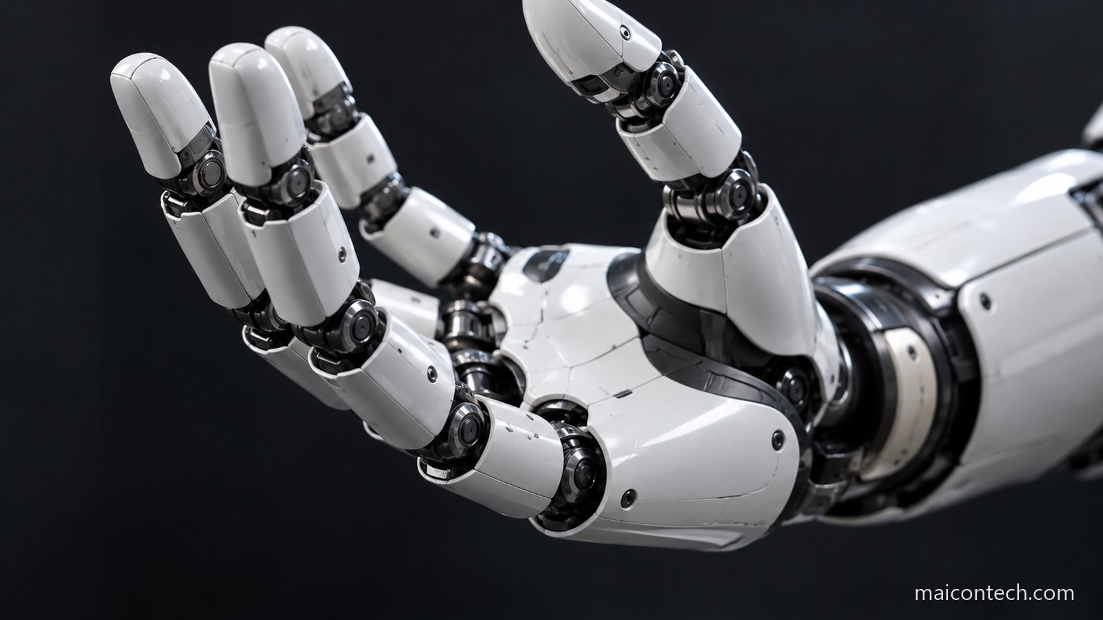 Grande plano de uma mao robotica articulada de metal e plastico branco, com os dedos semiabertos sobre fundo escuro