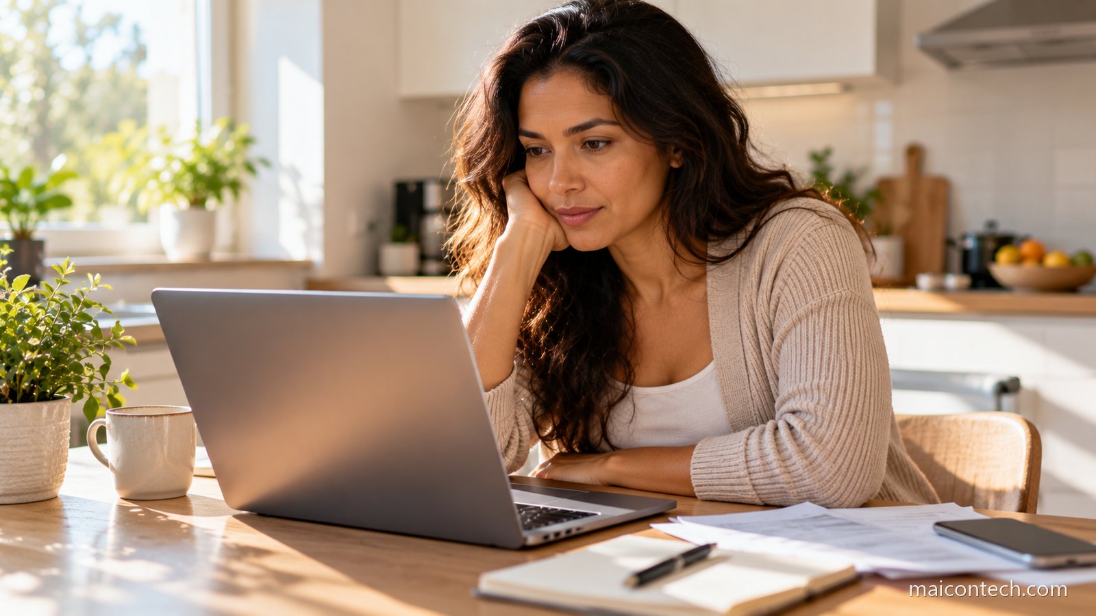 Mulher sentada à mesa de uma cozinha clara a olhar para um computador portátil com papéis ao lado